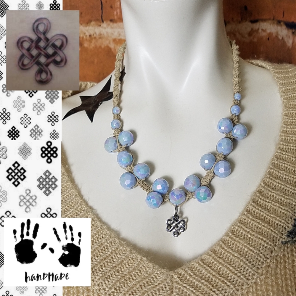 NEW Tibetan Endless Knot Heavy Fauceted Unicorn Glass Handmade Hemp Necklace